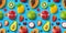 Seamless pattern of different fruits and berries, flat lay, top view, tropical and exotic texture