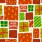 Seamless pattern of different gift boxes in red and green paper