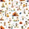 Seamless pattern. Different girls and boy tourist on nature. Camping.