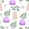 Seamless pattern with different green branch with leaves in elegant ceramic vases