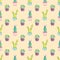 Seamless pattern with different green cacti in multi-colored pots