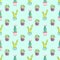 Seamless pattern with different green cacti in multi-colored pots