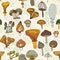 Seamless pattern of different mushrooms.