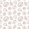 Seamless pattern with different nuts, whole and shelled. Walnuts, almonds, hazelnuts. Mix of nuts.