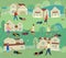 Seamless pattern. Different people mow grass with lawn mowers near houses