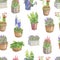 Seamless pattern of different perennial flowers in the pots and wicker baskets. Made in the technique of colored pencils. Hand