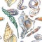 Seamless pattern of different sea and ocean inhabitants: shells, mollusk and seaweed