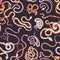 Seamless pattern with different snakes or serpents on black background. Backdrop with dangerous tropical carnivorous