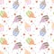 Seamless pattern with different swirled soft serve vanilla ice cream in a cup and cherries