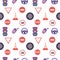 Seamless pattern with different traffic elements. Traffic signs, light, steering wheel, cone, car key. Flat vector