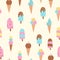 Seamless pattern with different types of ice creams, cone, sundae on stick with fruits
