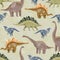 Seamless pattern with different types of prehistoric extinct dinosaurs.