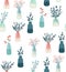 Seamless pattern of different vases with flowers and branches background elements.