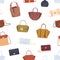 Seamless pattern with different women bags, handbags, purses and clutches on white background. Endless repeating