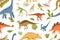 Seamless pattern with dinos and leaves on white background. Kids design of endless texture of Jurassic park with various