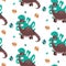 Seamless pattern with dinosaur in leaves isolated on white background