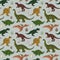 Seamless pattern. Dinosaurs and eggs. Vintage retro style. Vector illustration on a gray background. Surface design.