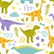 Seamless pattern with dinosaurs. Illustration for children. Traces  Plants  Stars  Clouds  Springs  Figures. Vector