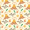 Seamless pattern with dinosaurs, palms and volcanoes. Perfect for kids fabric, textile, nursery wallpaper