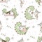 Seamless pattern with dinosaurs and small children. Vector