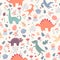 Seamless pattern with dinosaurs and tropical leaves and flowers. Perfect for kids fabric, textile, wallpaper. Cute dino