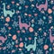 Seamless pattern with dinosaurs and tropical leaves and flowers. Perfect for kids fabric, textile, wallpaper. Cute dino