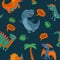 Seamless pattern with dinosaurs. Vector colorful flat icon isolated