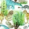 Seamless pattern of dinosaurs, watercolor.