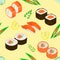 Seamless pattern. Dishes of national Japanese cuisine, sushi, rolls, fish. Suitable as wallpaper in the kitchen, for packing food