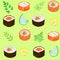 Seamless pattern. Dishes of national Japanese cuisine, sushi, rolls, fish. Suitable as wallpaper in the kitchen, for packing food