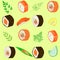 Seamless pattern. Dishes of national Japanese cuisine, sushi, rolls, fish. Suitable as wallpaper in the kitchen, for packing food