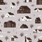 Seamless pattern with district of suburban cottages in Scandic style and town dwellers. Backdrop with countryside wooden