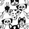 Seamless pattern with Dog breeds. Bulldog, Husky, Alaskan Malamute, Retriever, Doberman, Poodle, Pug, Shar Pei