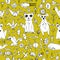 Seamless pattern with Dog cat fox fish birds sea animals and plants, Black outline on Mustard yellow background, doodle decorative