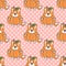 Seamless pattern with dog welsh corgi, in pumpkin, on a pink background with white dots.