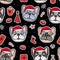 Seamless pattern Dogs in Christmas santa hats. Vector Illustration holiday design. French and American Bulldog Puppy hand drawn