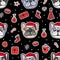 Seamless pattern Dogs in Christmas santa hats. Vector Illustration holiday design. Puppy bulldog hand drawn stickers on black