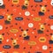 Seamless pattern with dogs, paws, bones and lettering