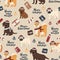 Seamless pattern of dogs in winter knitted red white hats and scarfs, lettering, gifts. Labrador retriever, poodle puppy, bulldog