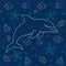 A seamless pattern of the dolphin surrounded by bulbs, shells, starfish and small fish - multicolored linear on classic blue. Sea