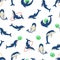 Seamless Pattern dolphins in different poses, vector illustration of marine animals. Painted dolphins swim and players in