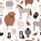 Seamless pattern with domestic farm barnyard animals and birds on white background. Backdrop with livestock and fowl