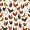 Seamless pattern with domestic hens, roosters and chickens of different colors and breeds.