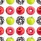 Seamless pattern donuts, red and green apples on white background isolated, healthy vs junk food concept, cakes or fruits diet