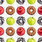 Seamless pattern donuts, red and green apples on white background isolated, healthy vs junk food concept, cakes or fruits diet