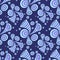 Seamless pattern with doodle abstract deformation circles in blue lilac on dark blue