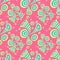Seamless pattern with doodle abstract deformation circles in yellow blue on pink