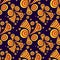 Seamless pattern with doodle abstract deformation circles in yellow orange on dark blue