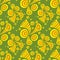 Seamless pattern with doodle abstract deformation circles in yellow orange on olive