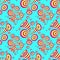 Seamless pattern with doodle abstract deformation circles in yellow red on blue